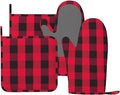 Buffalo Check Plaid Red and Black Oven Mitts and Pot Holders Set, 4pcs Farmhouse Checkered Plaids Silicone Oven Glove for Kitchen Heat Resistant Oven Mitts and Potholders Non-Slip for BBQ