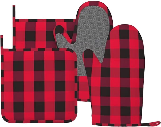 Buffalo Check Plaid Red and Black Oven Mitts and Pot Holders Set, 4pcs Farmhouse Checkered Plaids Silicone Oven Glove for Kitchen Heat Resistant Oven Mitts and Potholders Non-Slip for BBQ