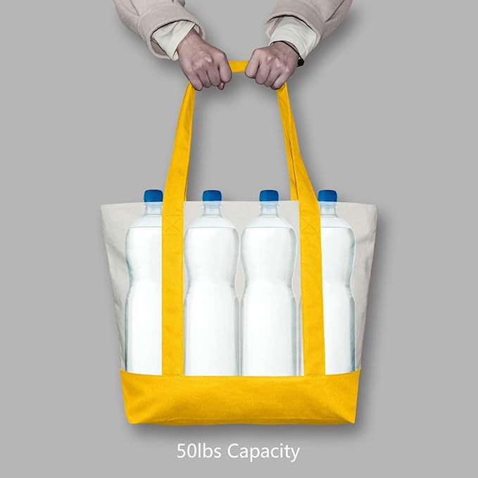 TOPDesign 3-Pack Canvas Tote Bags with an External Pocket, Reusable Grocery Shopping Bags, Top Zipper Closure, Daily Essentials (Yellow/Natural)