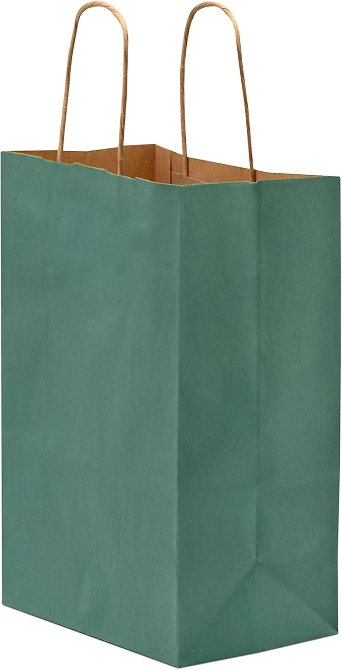 Prime Line Packaging Kraft Paper Bags, Green Gift Bags Small with Handles for Small Business, Birthdays, Wedding Favors, Holidays, Shopping, Bulk, 8x4x10, 100 Pack