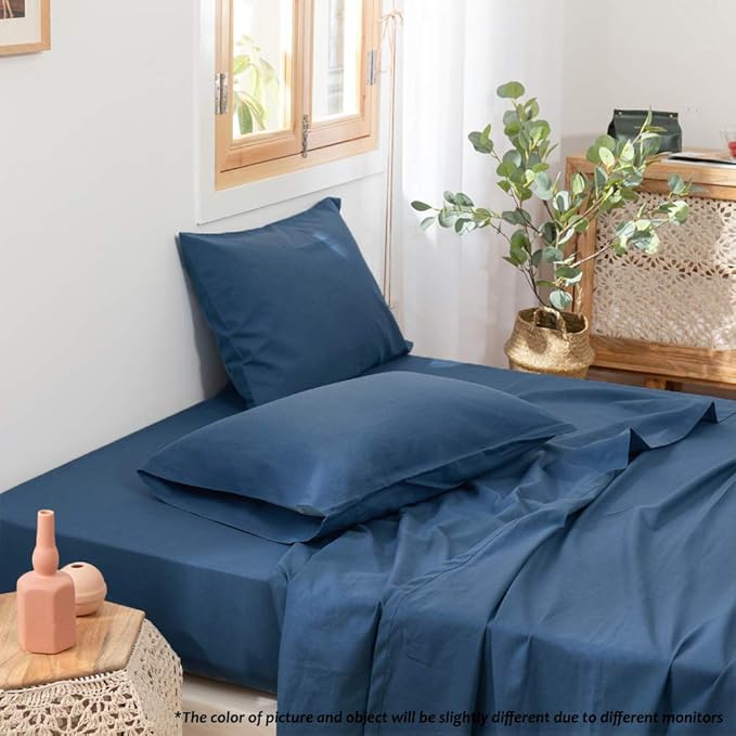 Simple&Opulence Belgian Linen Sheet Set Solid Color - 4 Pieces (1 Flat Sheet, 1 Fitted Sheet & 2 Pillowcases) Natural Flax Cotton Blend Soft Breathable Farmhouse Bedding - Full Size, Classic Blue