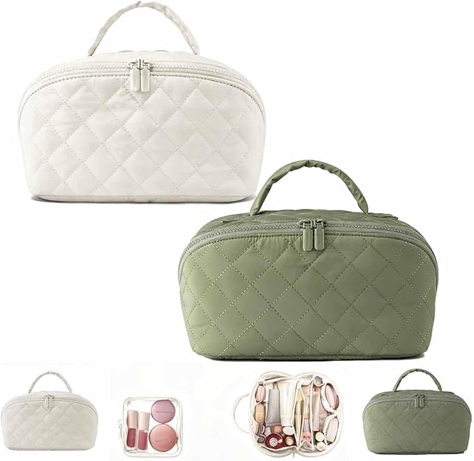 Petition Travel Makeup Bag For Women - Quilted Makeup Bag,180° Open Lay-Flat Cosmetic Case,5 Colors Large Capacity Waterproof Make Up Bag Set,With Compartments (White+Green)