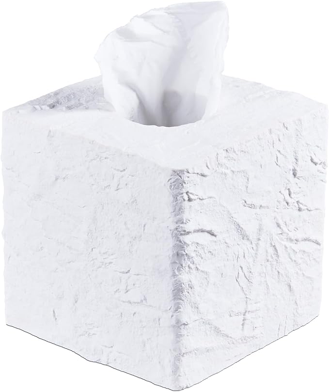 Natural Rock Textures Tissue Box Cover Square for Home Decor, Wild Raw Rocks Resin Heavy Cube Tissue Box Holder for Bathroom Countertop, Tabletop, Night Stand, Office Desk (White)