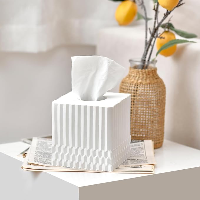 White Tissue Box Cover Square, Tissue Box Holder for Bathroom Countertop,Vanity, Tabletop, Bedroom Night Stand,Office and Living Room Decorative - Modern Geometric Striped Tissue Paper Dispenser