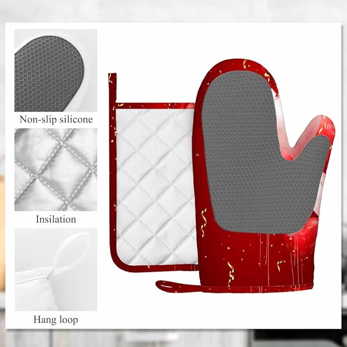 Mxocom Red Hearts Balloons Oven Mitts and Pot Holders Sets Valentine's Day Love Backdrop Silicone Heat Resistant Kitchen Oven Gloves Pot Holder for Cooking