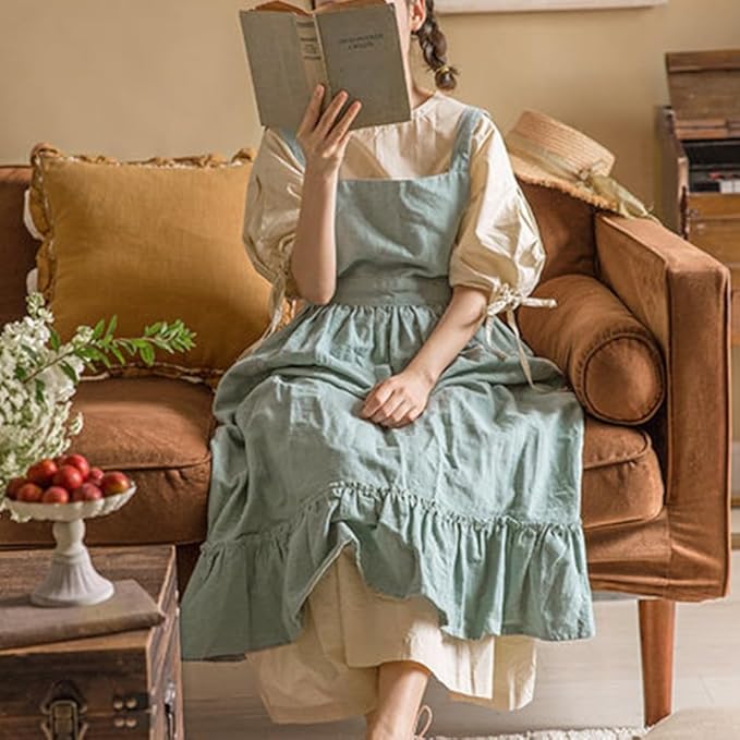 ODIZLI Frill Apron for Women Cotton Cross Back Vintage Ruffle Apron for Garden Cooking Aprons
