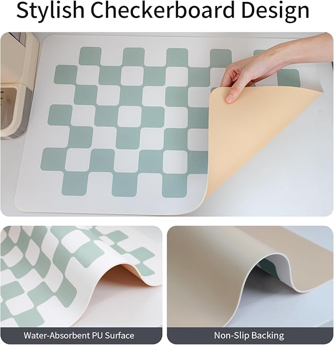 2PCS Large Dish Drying Mats for Kitchen Counter 24''x16'' Black Sage Beige Checkered Non-slip Coffee Mat Espresso Accessories,Sage Checkered