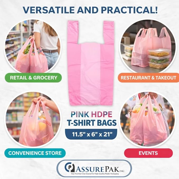 ASSUREPAK Pink HDPE T-Shirt Plastic Bags for Retail, Groceries, Merchandise, Convenience Store, Supermarket, Restaurant - 1/6 BBL, 11.5"X6"X21" - Pack of 1000 Bags, 13 Microns - Unprinted (Pink)