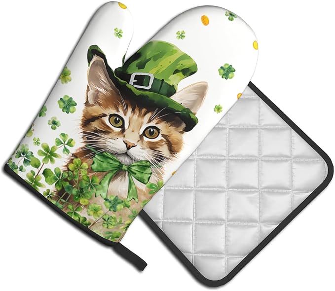 Shamrock Green Leaf Oven Gloves and Pot Holders 2PCS Sets Cute Cat Kitchen Baking Accessories Spring Clovers Heat Resistant Oven Mitts Hot Pads for Cooking BBQ Decorative Kitchen Gift