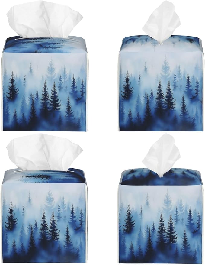 Blue Forest Tree Tissue Box Cover Square Leather Tissue Holder Decorative Facial Tissue Cube Paper Cover Case Organizer for Bathroom Night Stands Desk Tabletop Living Room Home