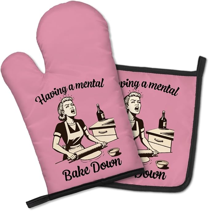 Having a Mental Bake Down Funny Oven Mitts and Pot Holders Set, Great Kitchen Tools for Making Cakes and Desserts, Gifts for Baking Enthusiasts, Thanksgiving Gifts for Women Chef Baker Friends
