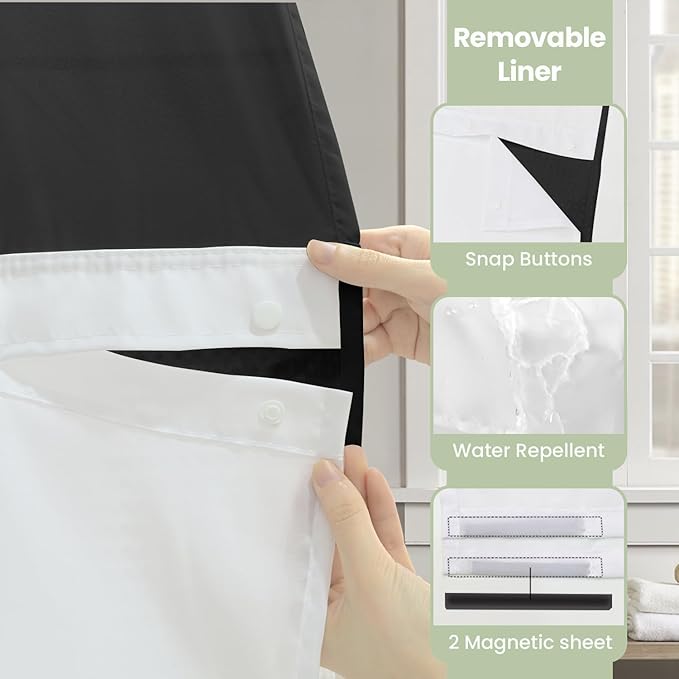 Inhousolu Long No Hook Shower Curtain with Snap in Fabric Liner Set Waffle Weave 230GSM Weighted Hem, Waterproof & Washable Bathroom Curtain Spa Luxury with Mesh Top Window 72" W x 78" L Black
