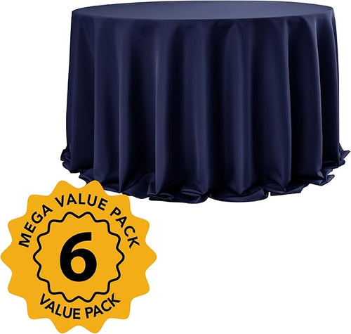 6-Pack Navy Blue Round Tablecloths, 132 Inches, Stain-Resistant Polyester for 6-8 Ft Round Tables - Washable Table Covers for Weddings, Banquets, Birthday Parties, Events