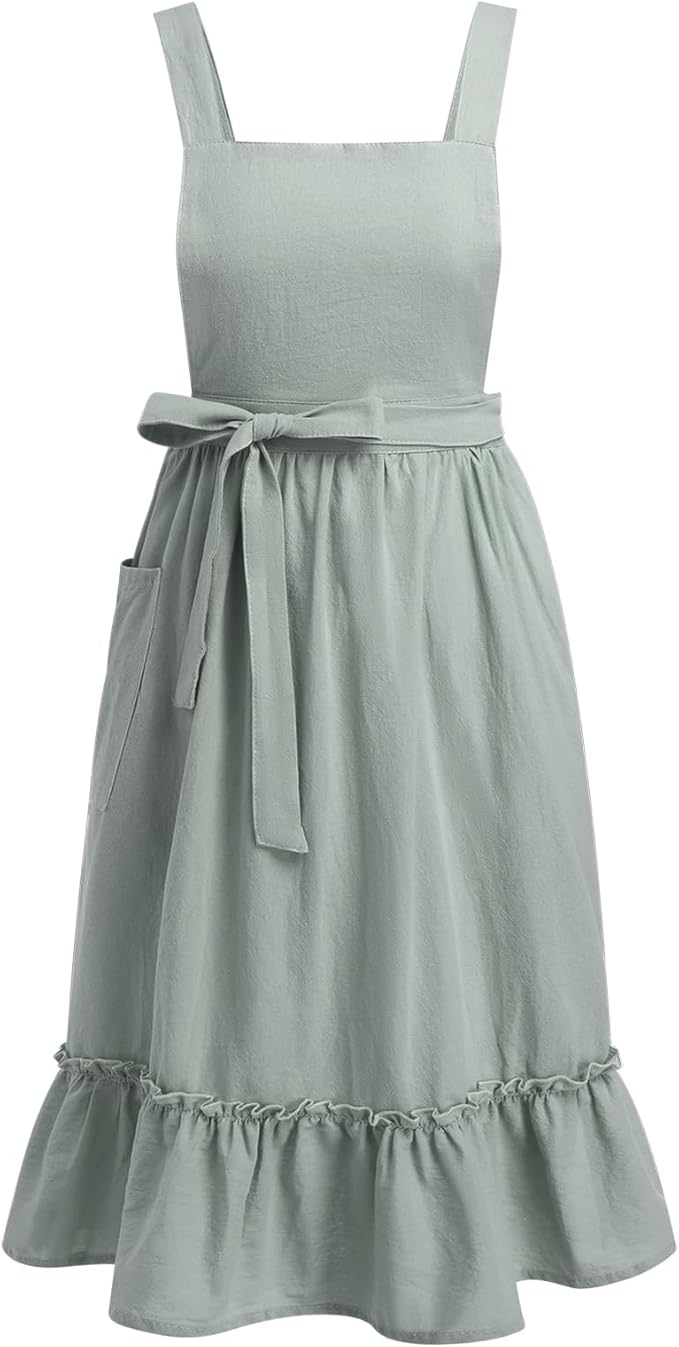 ODIZLI Frill Apron for Women Cotton Cross Back Vintage Ruffle Apron for Garden Cooking Aprons