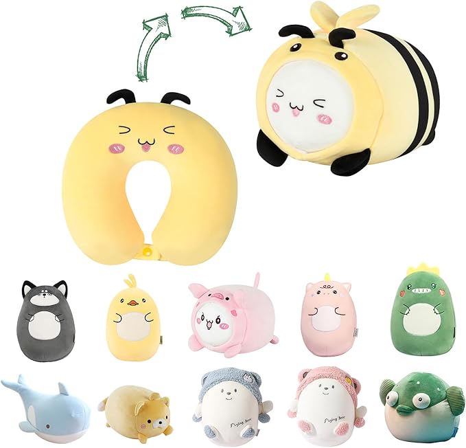 stocaggio Kids Travel Pillow - 2-in-1 Deformable Kids Neck Pillow for Traveling, Soft U-Shaped Pillow with Adorable Animal Design, Comfy Sleep and Play, Ideal for Airplane Traveling - Yellow Bee
