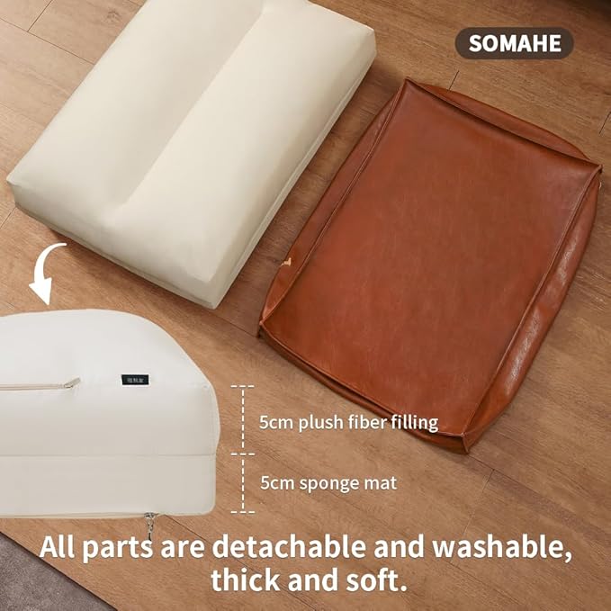 SOMAHE Dog Bed Medium Size Dog Orthopedic Beds for Small Dogs with Removable Washable PU Leather Cover Waterproof Brown 35.4×27.5×4inch