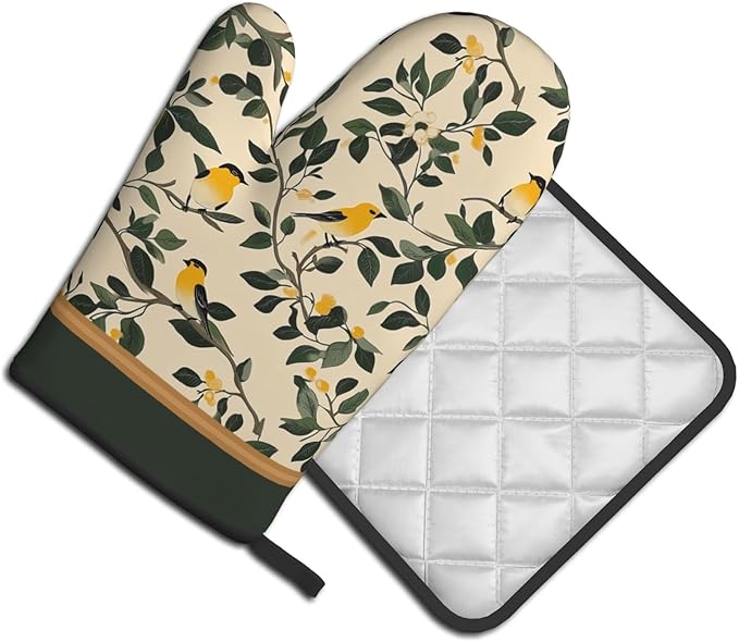 Bird Branch Oven Mitt and Pot Holder Sets 2Pcs Dark Green Yellow Vintage Heat Resistant Washable BBQ Cooking Gloves Hot Pans Mat for Kitchen Baking Grilling Decorative