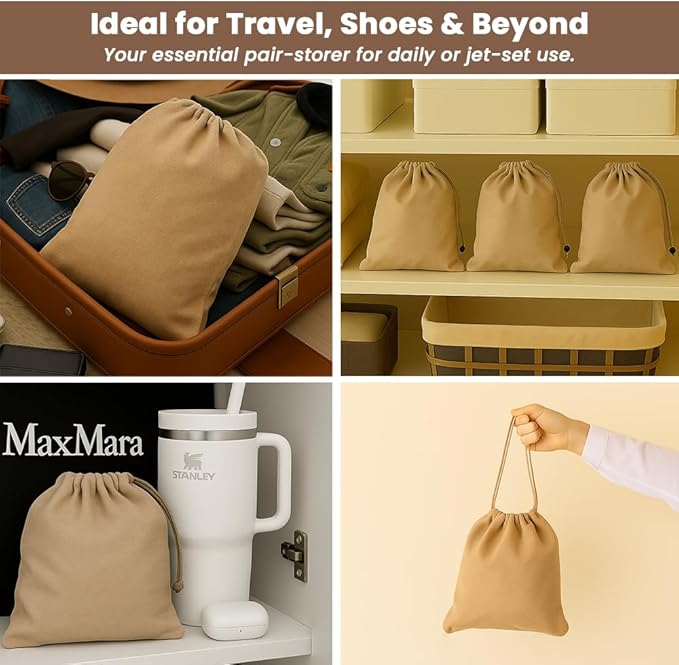 LFH Cotton Rich Shoe Storage Bags with Drawstring, Dustproof Breathable Reusable Organizer, Perfect For Travel, Dorm, Hotel, College, Gym, Easy to Carry, Machine Washable 12"x17" (Pack of 6) - Beige