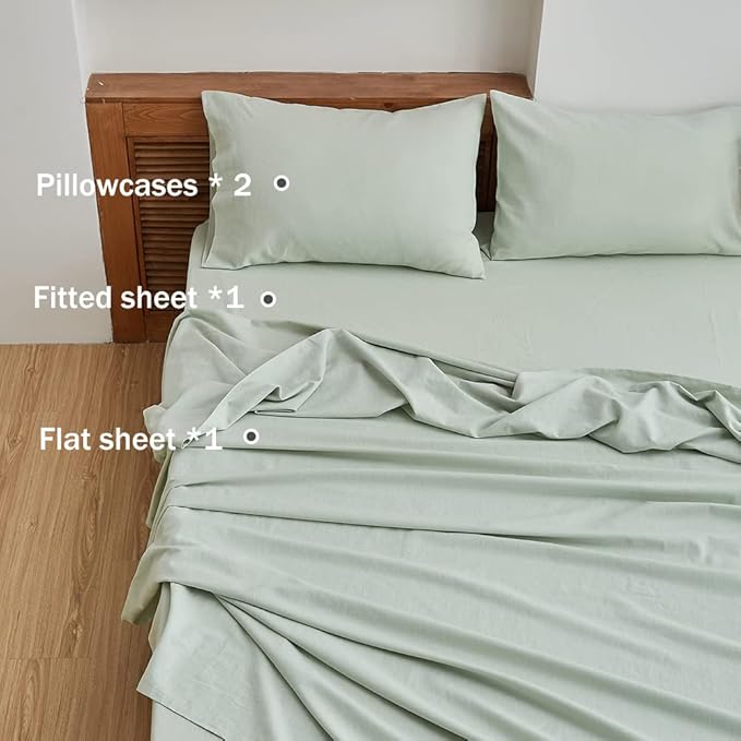 Simple&Opulence Belgian Linen Sheet Set Solid Color - 4 Pieces (1 Flat Sheet, 1 Fitted Sheet & 2 Pillowcases) Natural Flax Cotton Blend Soft Breathable Farmhouse Bedding - Queen Size, Mint Green
