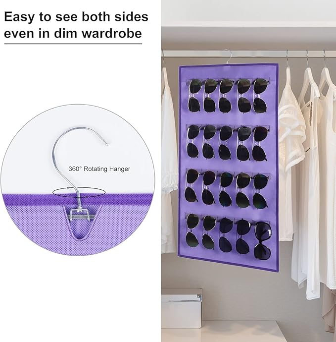 ANZORG Dual Sided Hanging Sunglasses Organizer Wall Mounted Glasses Rack Storage Eyeglasses Holder Eyewear Display Case with 40 Slots (40 Slots-Purple)