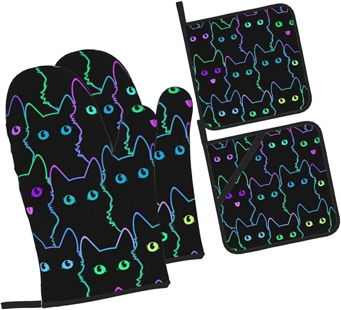 Cute Cat Silhouettes Oven Mitts and Pot Holders 4 Pcs Set Oven Gloves and Potholders for Cooking Microwave BBQ Baking Grilling