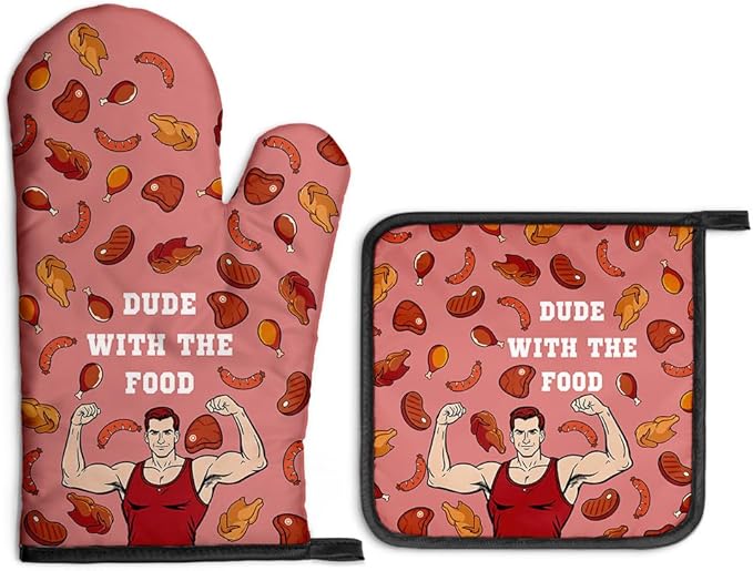 Dude with The Food Oven Mitts and Pot Holders Sets, Funny Oven Mitts for Father Grill Masters Grill Lovers BBQ Lover Foodies, Cooking Gifts Housewarming Gifts for Dad Grandpa