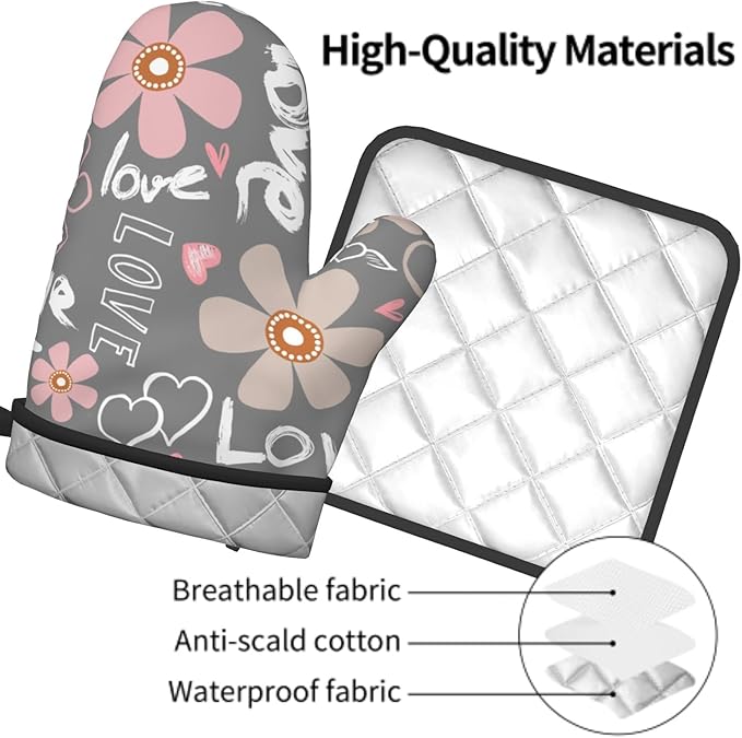 Pink Floral Blooming Oven Mitts and Pot Holders Set of 2, Heat Resistant Non Slip Love Heart Grey Kitchen Gloves Hot Pads, for Chef Cooking Grilling and Baking