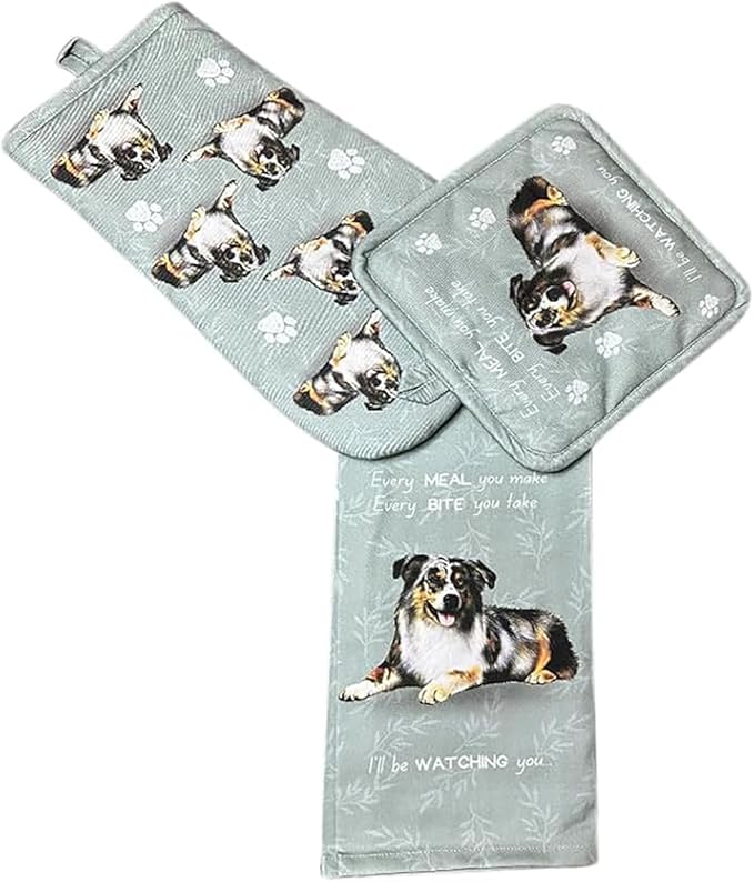 Australian Shepherd 3-Piece Kitchen Set - Oven Mitt, Pot Holder & Kitchen Towel Set, Heat Resistant up to 420 F, Soft Quilted Cotton for Cooking, Baking, BBQ, Pet Lover Gifts (Australian Shepherd)