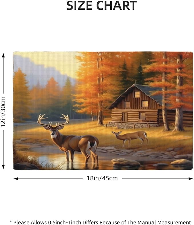 Rustic Deer Placemats, Natural Vintage Old Oil Painting Style Forest Lodge Hunting Elk Wildlife Print Washable Fabric Placemats Table Kitchen Dining Party 12x18 Inch Set of 4