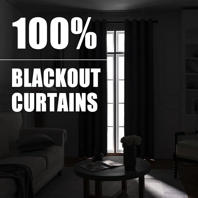 100% Blackout Curtain Panels, 80 inches 2 Panel Sets, Heat and Full Light Blocking Drapes with Grommets for Bedroom, Thermal Insulated Window Treatment Drapes for Nursery (Greyish White, 52Wx80L)