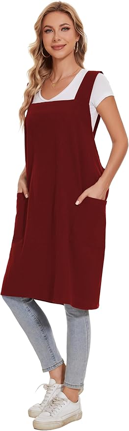 Linen Cotton Aprons for Women Smock Cross-Back Apron with Pockets