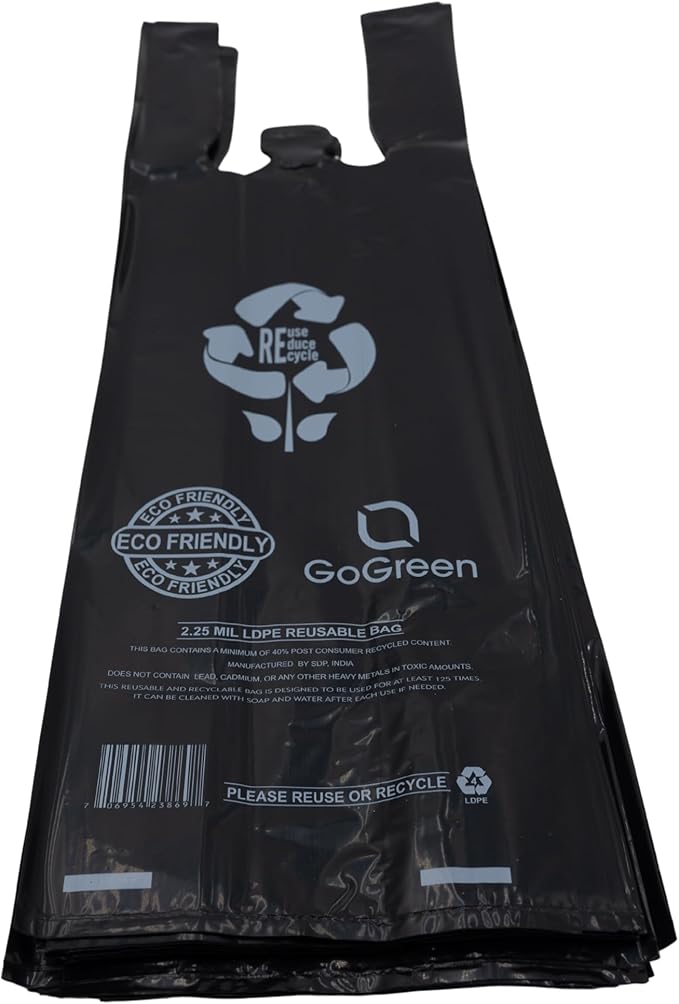 ASSUREPAK Black Reusable/Eco-Friendly LDPE T-Shirt - Single Bottle Bag 6"X4"X20" - 400 Bags - 57 Micron (2.25 mil) - Black - BLKLD40REC225REUSE6420