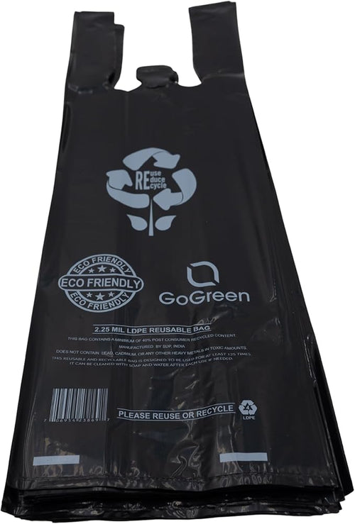 ASSUREPAK Black Reusable/Eco-Friendly LDPE T-Shirt - Single Bottle Bag 6"X4"X20" - 400 Bags - 57 Micron (2.25 mil) - Black - BLKLD40REC225REUSE6420