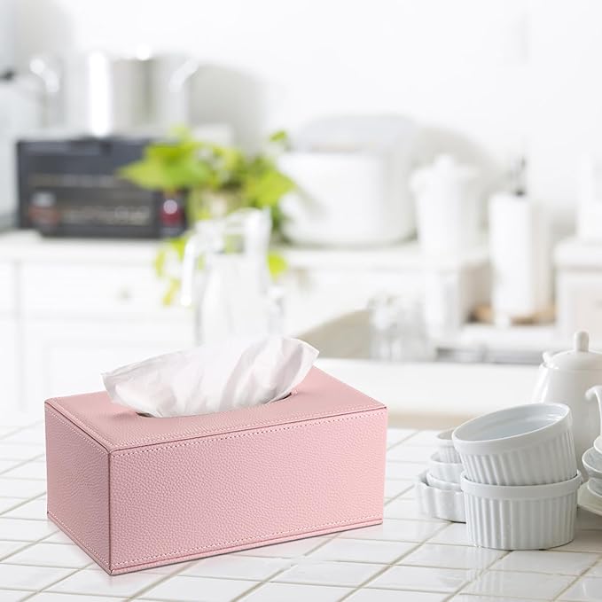 Sumnacon Tissue Box Cover Rectangle Tissue Box Stylish PU Tissue Box Holder with Magnetic Bottom, Decorative Leather Tissue Holders for Living Room Bathroom Table Desk Home Office Car, Pink