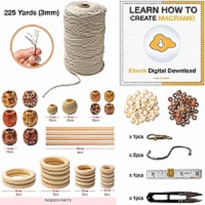 Macrame Kit - 227pc Wall Hanging and Plant Hanger Supplies, 225y Cord 3mm, Beads, Wood Dowels, Rings, E-Book - DIY Craft Starter Set for Adults and Beginners
