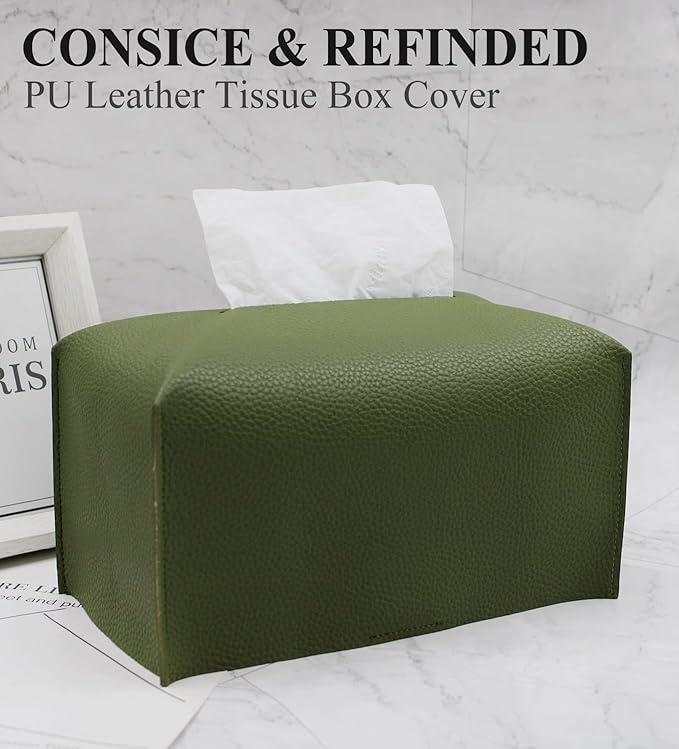 Livelab Tissue Box Cover, Rectangular Modern Decorative PU Leather Tissue Box Case Organizer Holder for Vanity Countertop, Night Stands, Livingroom, Office Desk & Car 9.5X5X5'' | Olive Green
