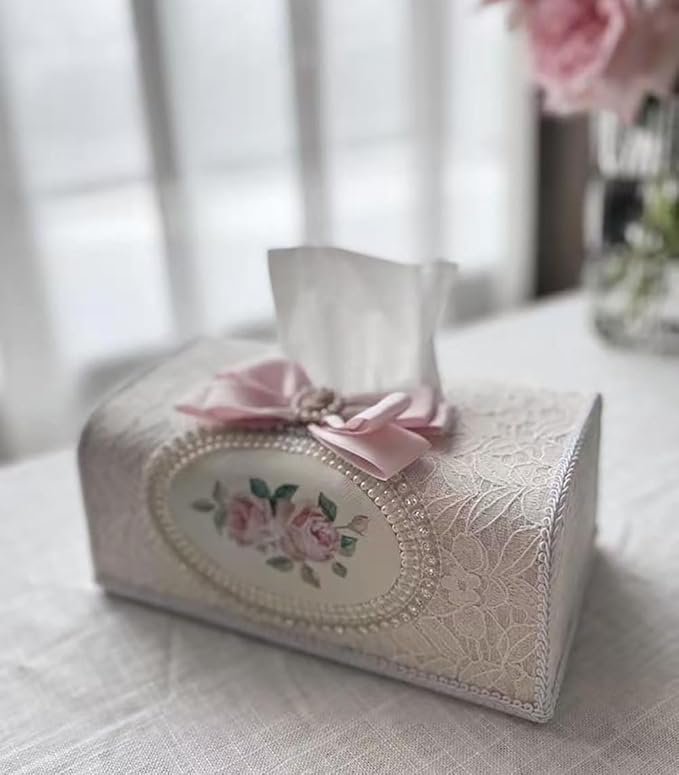 Tissue Cover Holder Fabric Art Cute Tissue Box Cover Dispenser Napkin Organizer for Bathroom Bedroom Office and Car (D-Beige)