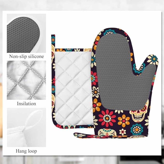 Mxocom Day of The Dead Oven Mitts and Pot Holders Sets Sugar Skulls and Flowers Seamless Pattern on Dark Background Silicone Heat Resistant Kitchen Oven Gloves Pot Holder for Cooking