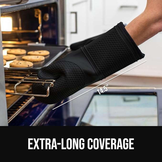 GORILLA GRIP BPA-Free Soft Silicone Oven Mitts, 14.5x8.3, Heat Resistant and Waterproof Cooking Gloves, Thick Cotton Lining, Flexible Gripping for Baking Grilling, Kitchen Potholders Set of 2, Black