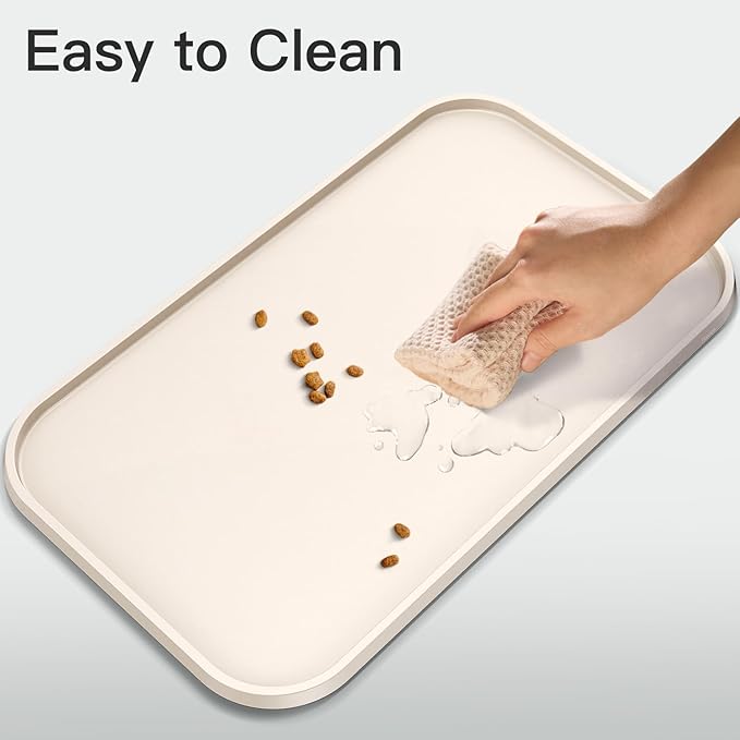 Feedoo Pet Feeding Mat [Warped Resistant Raised Edge], Water-Proof Silicone Placement for Food Water Bowls, Anti-Slip Base Protect Floor, BPA-Free&Dishwasher-Safe [18.5x11.5inch Medium, Sand White]