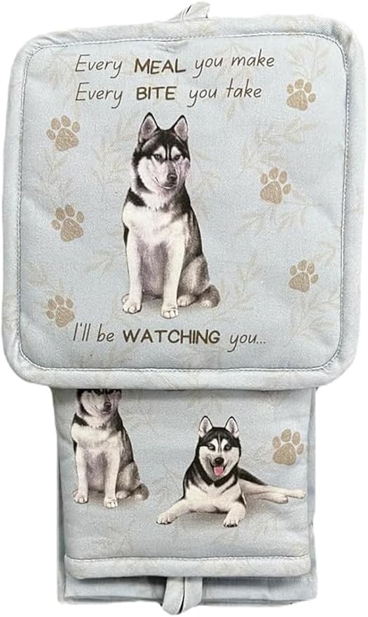 Siberian Husky 3-Piece Kitchen Set -Oven Mitt, Pot Holder & Kitchen Towel Set, Heat Resistant up to 420 F, Soft Quilted Cotton for Cooking, Baking, BBQ, Pet Lover Gifts (Siberian Husky)