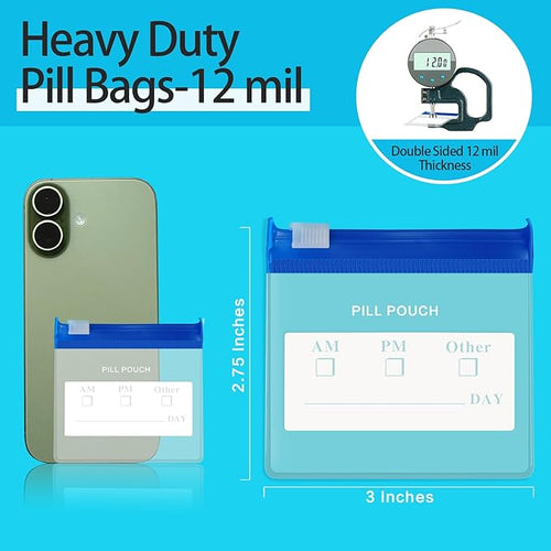 36 Packs Color Pill Pouch Bags 12mil 3 x 2.75 Inch bpa-Free, Frosted Clear EVA Materials, Heavy-Duty Thick Plastic Bags, Seal Zipper for Travel Medicine Organizer, Jewelry, Small Craft Pieces-Blue