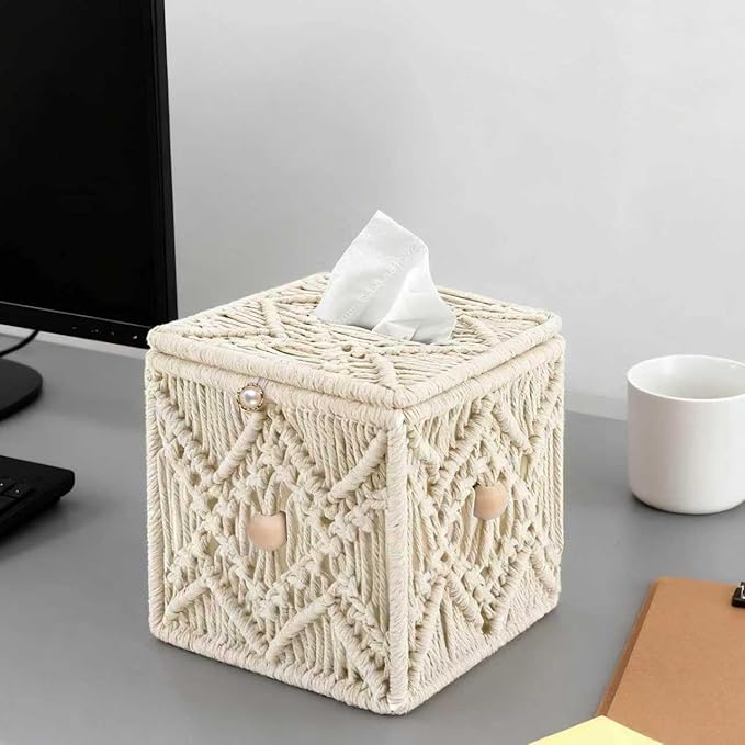 KaloKalo Handmade Tissue Box Cover Decorative Macrame Boho Square Tissue Holder Cotton Rope Woven Napkin Facial Paper Organizer Bohemian Desk Storage Container with Buckle Wood Beads (Ivory)