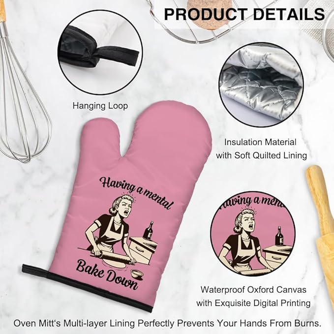 Having a Mental Bake Down Funny Oven Mitts and Pot Holders Set, Great Kitchen Tools for Making Cakes and Desserts, Gifts for Baking Enthusiasts, Thanksgiving Gifts for Women Chef Baker Friends