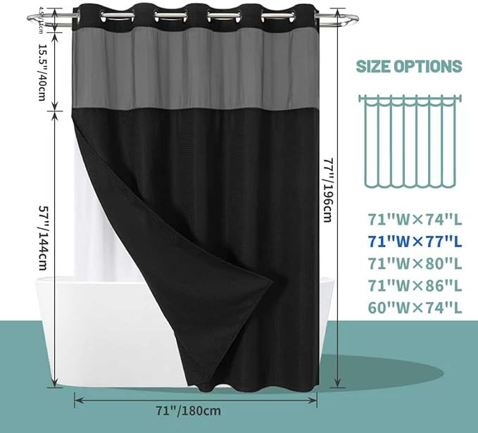 eachope Black No Hook Waffle Weave Shower Curtain with snap-in Liner Replacement, 230GSM Waterproof Fabric Hotel Shower Curtain Set for Bathroom, Through Mesh Top Window,71Wx77H