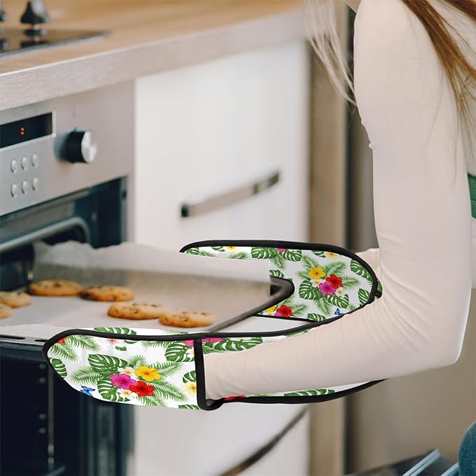 Long Double Oven Mitt for Baking Tropical Floral Flower Leaves Butterfly Heat Resistant Quilted Double Oven Glove Potholder for Cooking Grilling Christmas, Washable