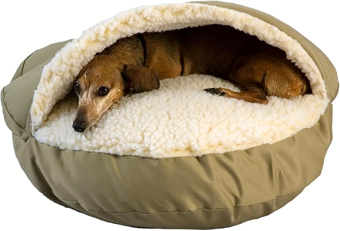 Snoozer Cozy Cave Dog Bed - Indoor Dog Bed with Cover Cave, Covered Calming Burrow for Medium & Large Sized Pets with Blanket Attached, Enclosed, Removable Washable Cover - Small, Khaki