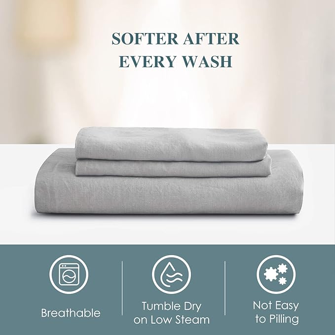 Sijo Stone Washed Organic French Linen Bed Sheet Set, GOTS Certified Organic, Best Cooling Linen Sheet Award by Sleep Foundation, 1 Flat Sheet Only (Dove, King/Cal King)
