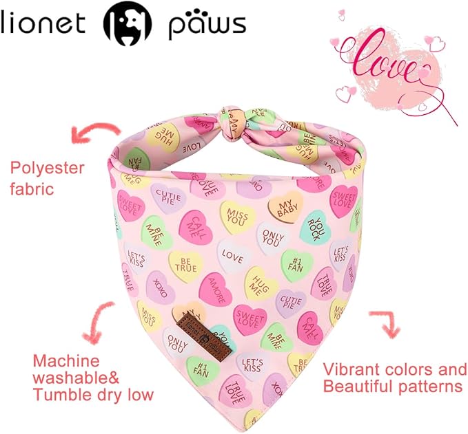 Lionet Paws Valentine's 2pcs Dog Bandanas, Red Floral Dog Scarf Bib Premium Fabric, Happy Valentine Heart Bandanas for Medium Large Dogs Pets
