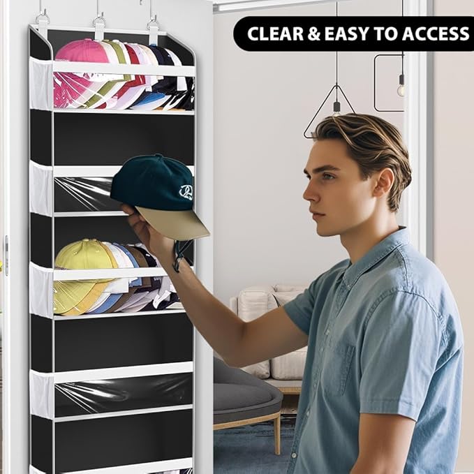 KYEVIS Over the Door Hat Organizer for Baseball Caps, Hold up to 60 Hats Rack Storage for Door/Closet/Wall, Clear Pockets Hanging Hat Holder for Baseball Caps with 10 Mesh Pockets, Grey